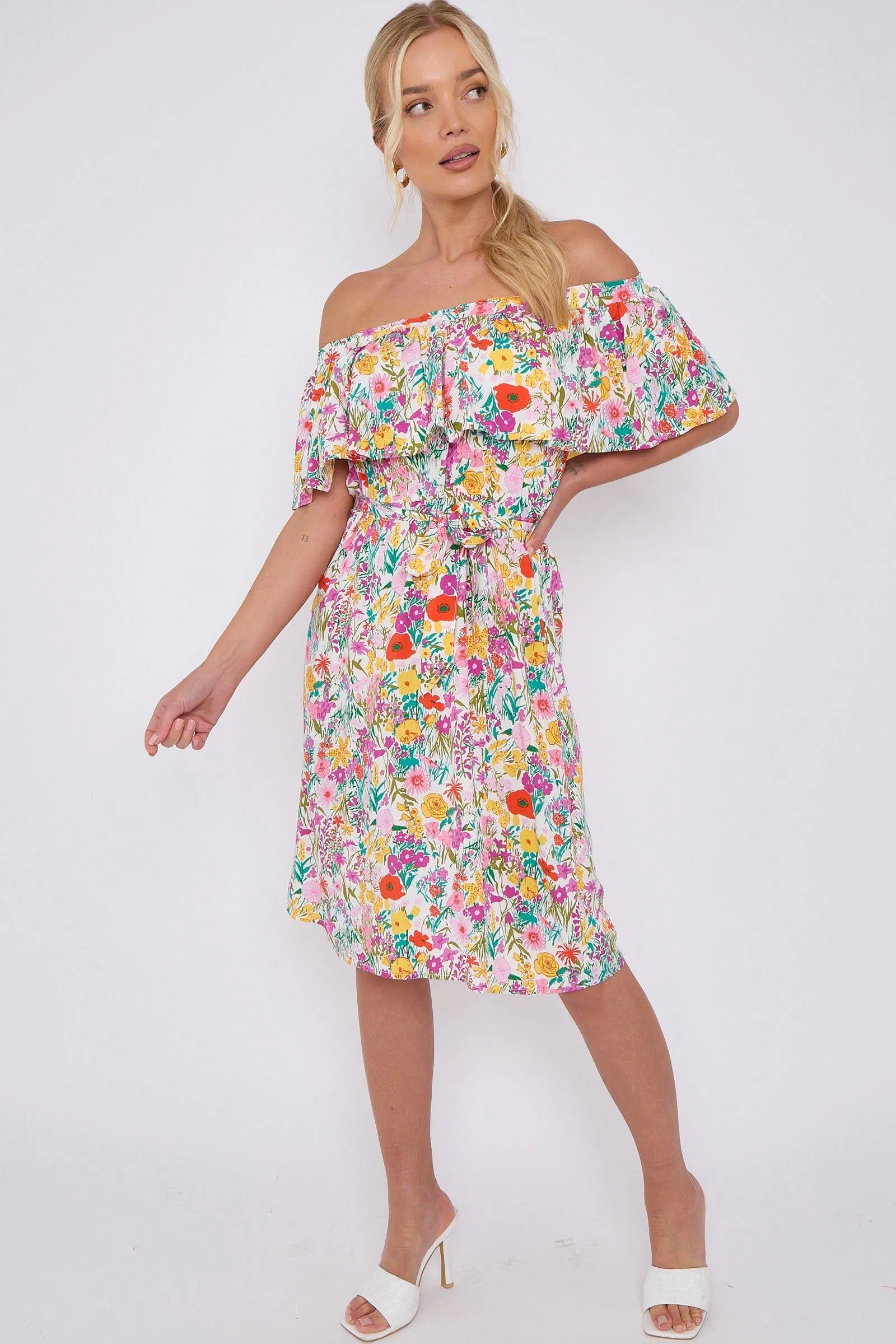 White Floral Print Bardot Mini Dress 5 White Floral Print Bardot Mini Dress