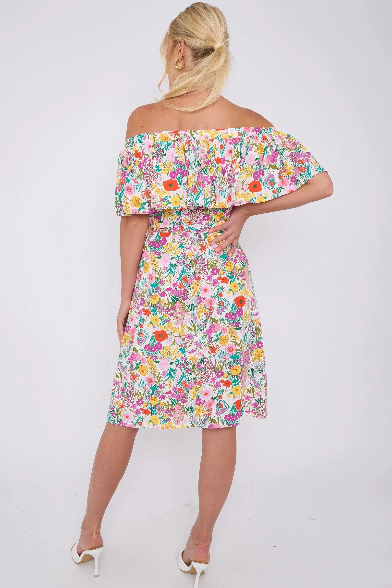 White Floral Print Bardot Mini Dress 6 White Floral Print Bardot Mini Dress