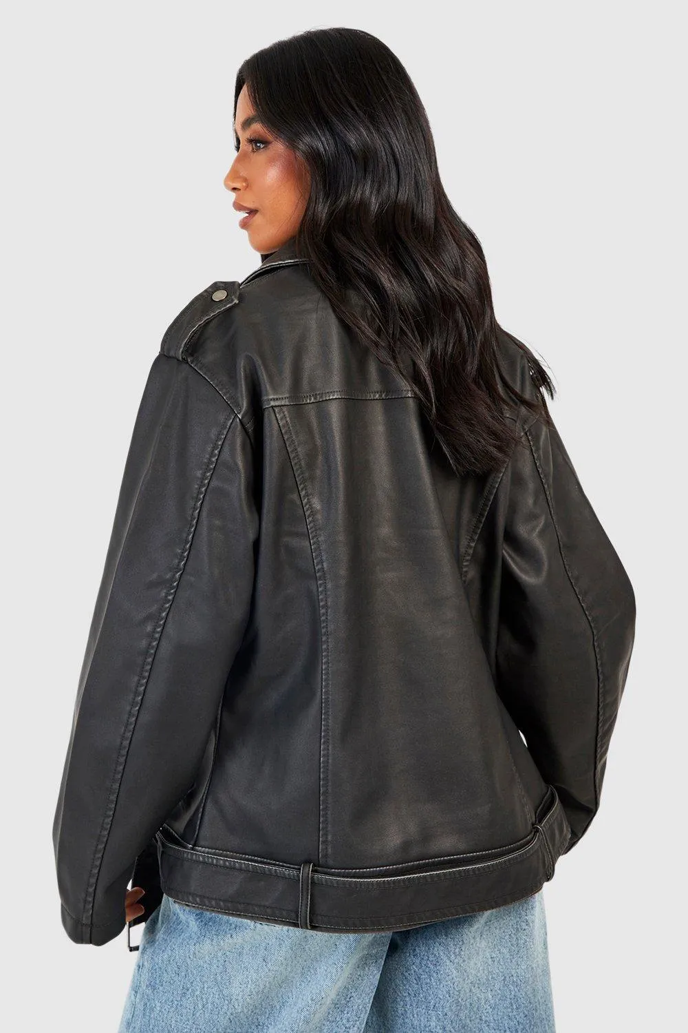Petite Oversized Vintage Faux Leather Biker Jacket