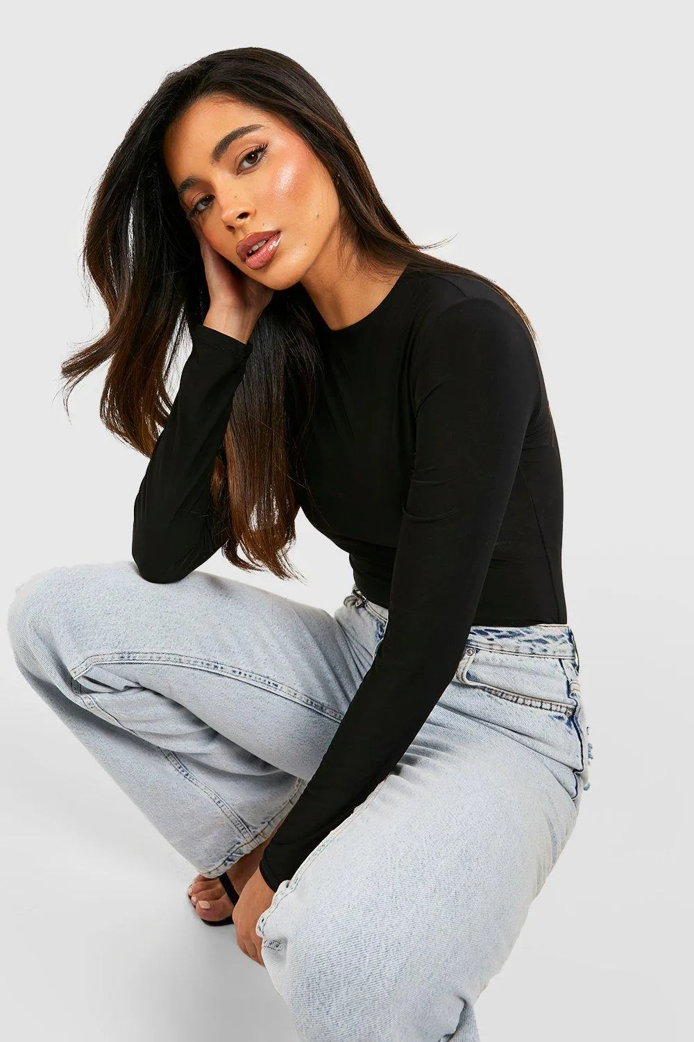 Double Layer Slinky Long Sleeve Crew Neck Bodysuit