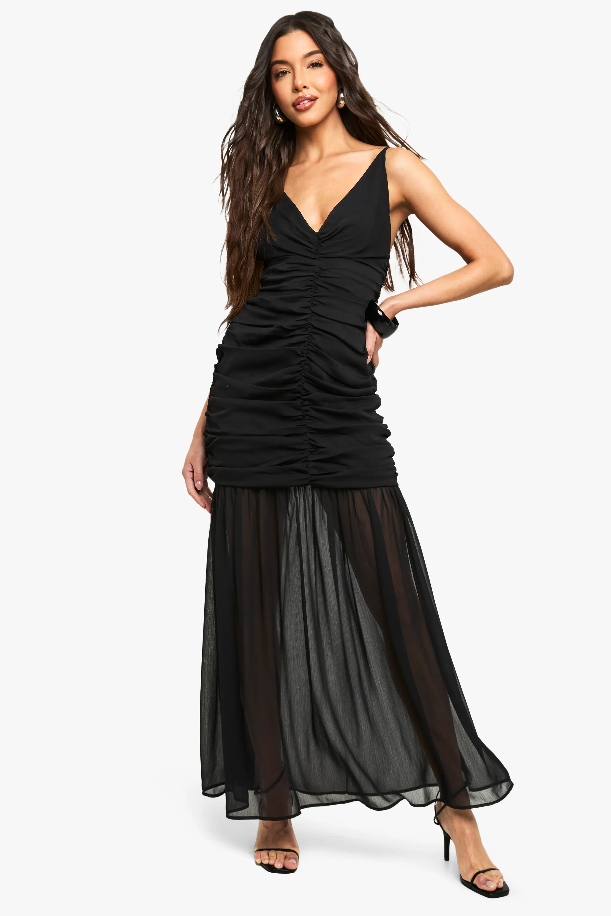 Chiffon Ruched Plunge Maxi Dress 1 Chiffon Ruched Plunge Maxi Dress