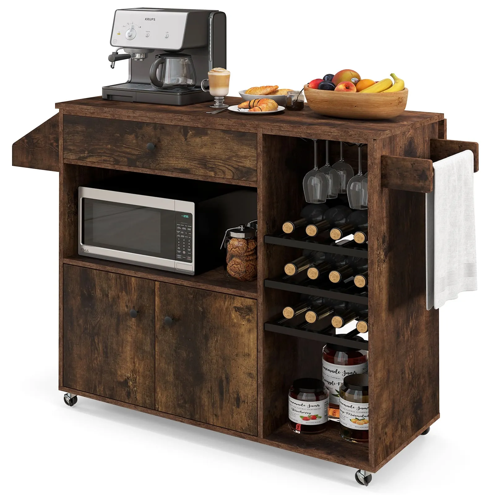 Kitchen Trolley Rolling Serving Cart With Microwave Shelf And Wine Rack 1 Kitchen Trolley Rolling Serving Cart With Microwave Shelf And Wine Rack