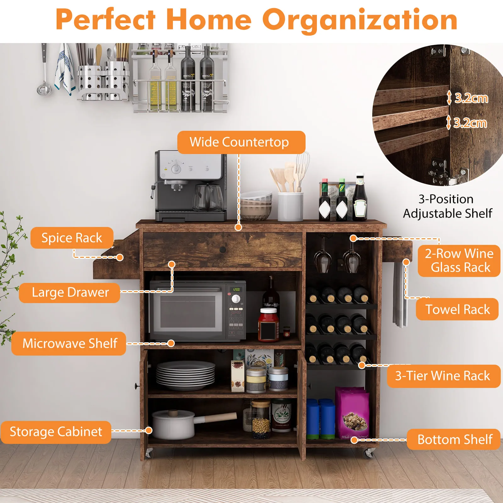 Kitchen Trolley Rolling Serving Cart With Microwave Shelf And Wine Rack 6 Kitchen Trolley Rolling Serving Cart With Microwave Shelf And Wine Rack