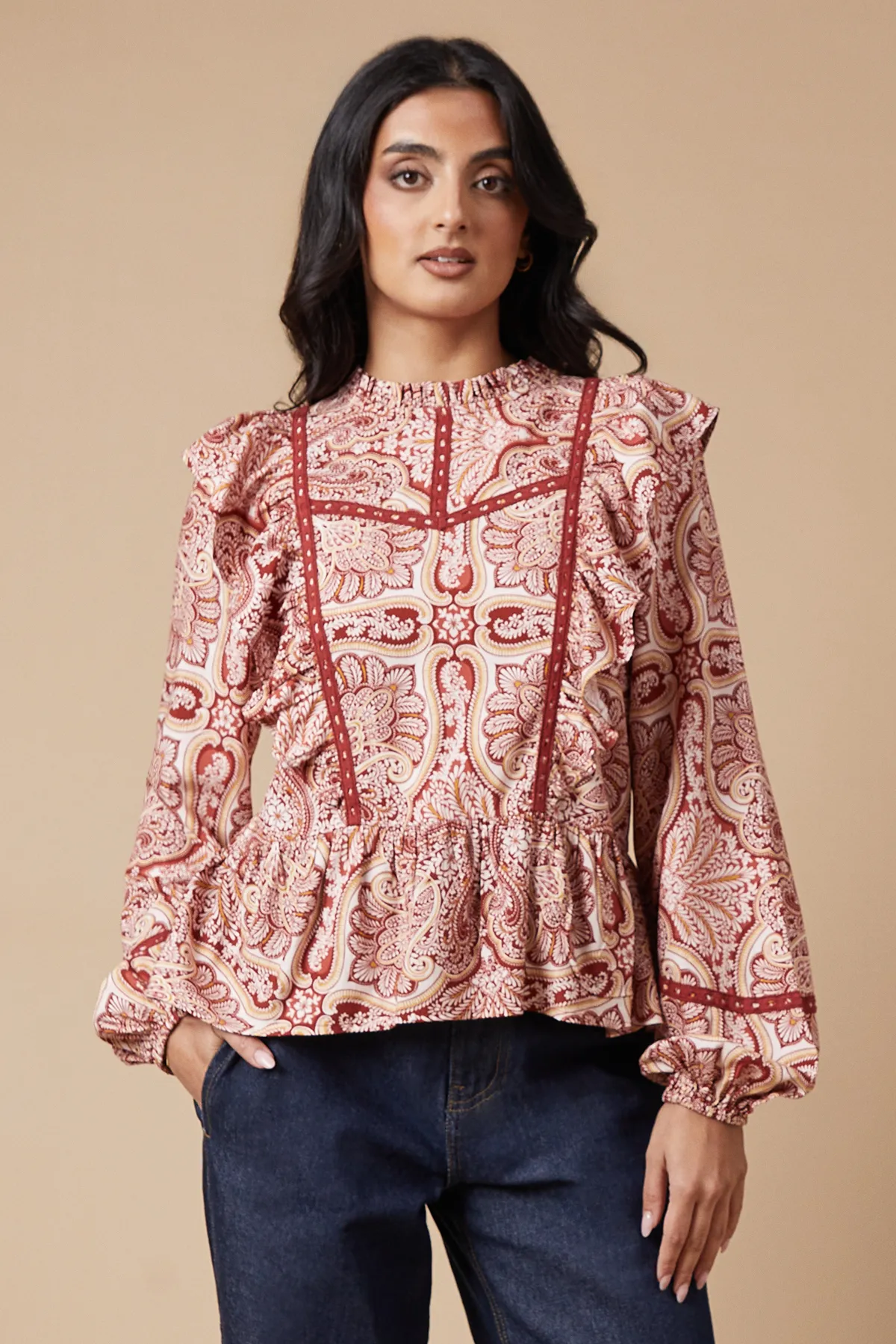 Paisley Printed Ruffle Lace Trim Top 1 Paisley Printed Ruffle Lace Trim Top