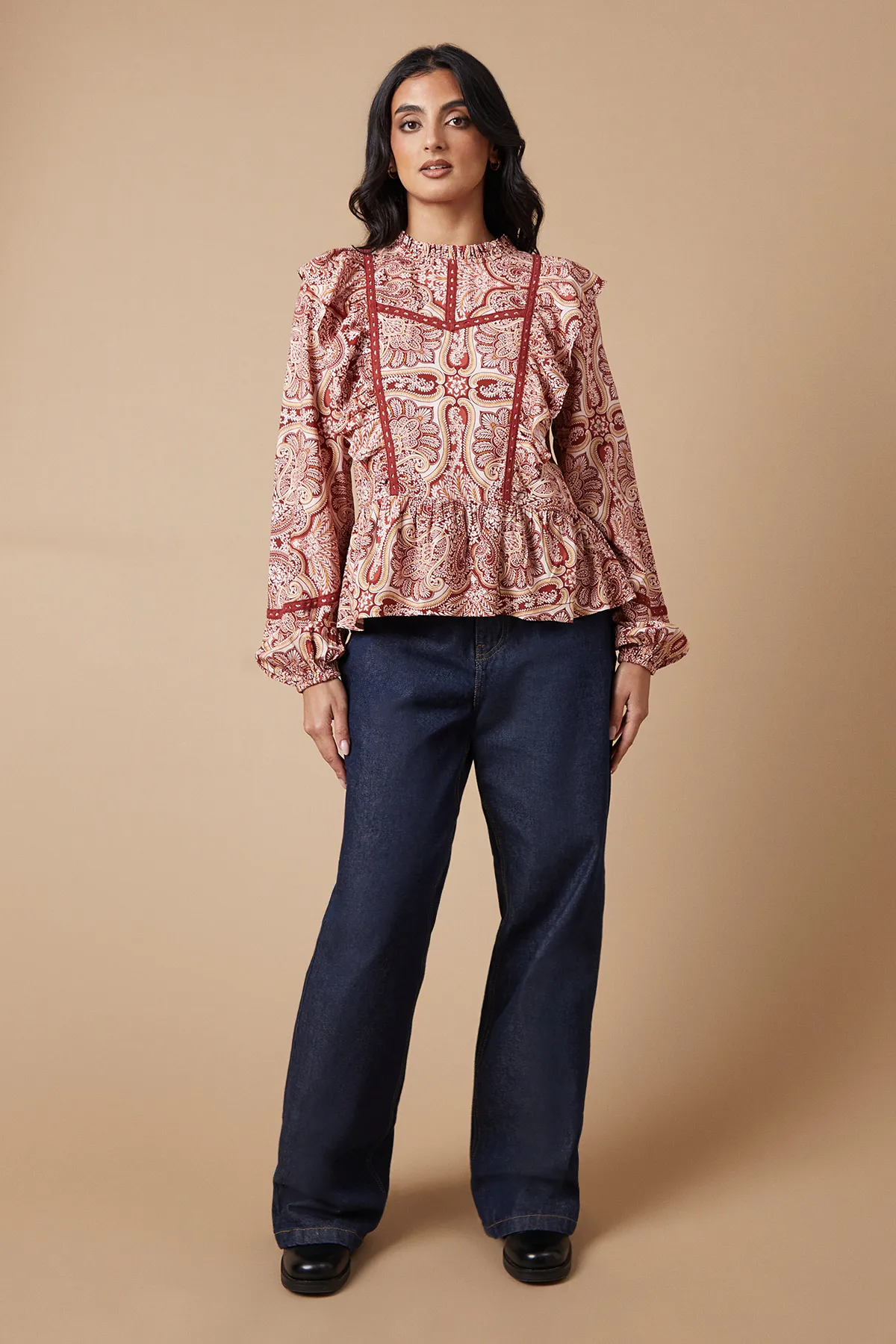 Paisley Printed Ruffle Lace Trim Top 2 Paisley Printed Ruffle Lace Trim Top