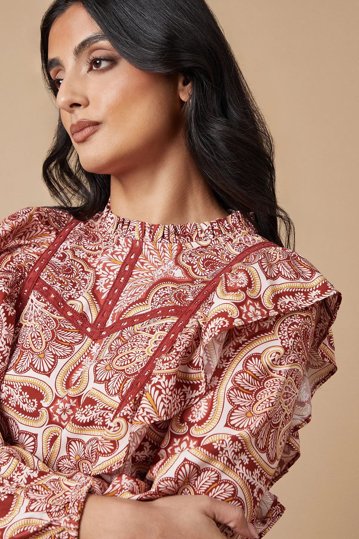 Paisley Printed Ruffle Lace Trim Top 3 Paisley Printed Ruffle Lace Trim Top