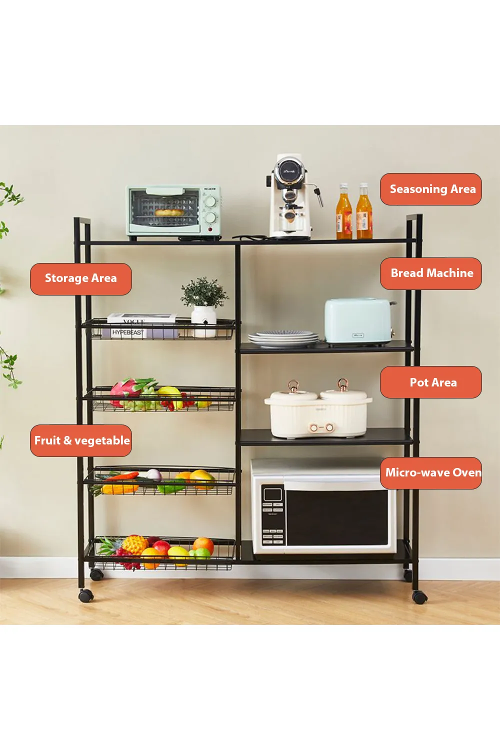 Kitchen Microwave Oven Vegetable Storage Metal Rolling Cart with 4 Mesh Baskets and 3 Shelves 5 Kitchen Microwave Oven Vegetable Storage Metal Rolling Cart with 4 Mesh Baskets and 3 Shelves