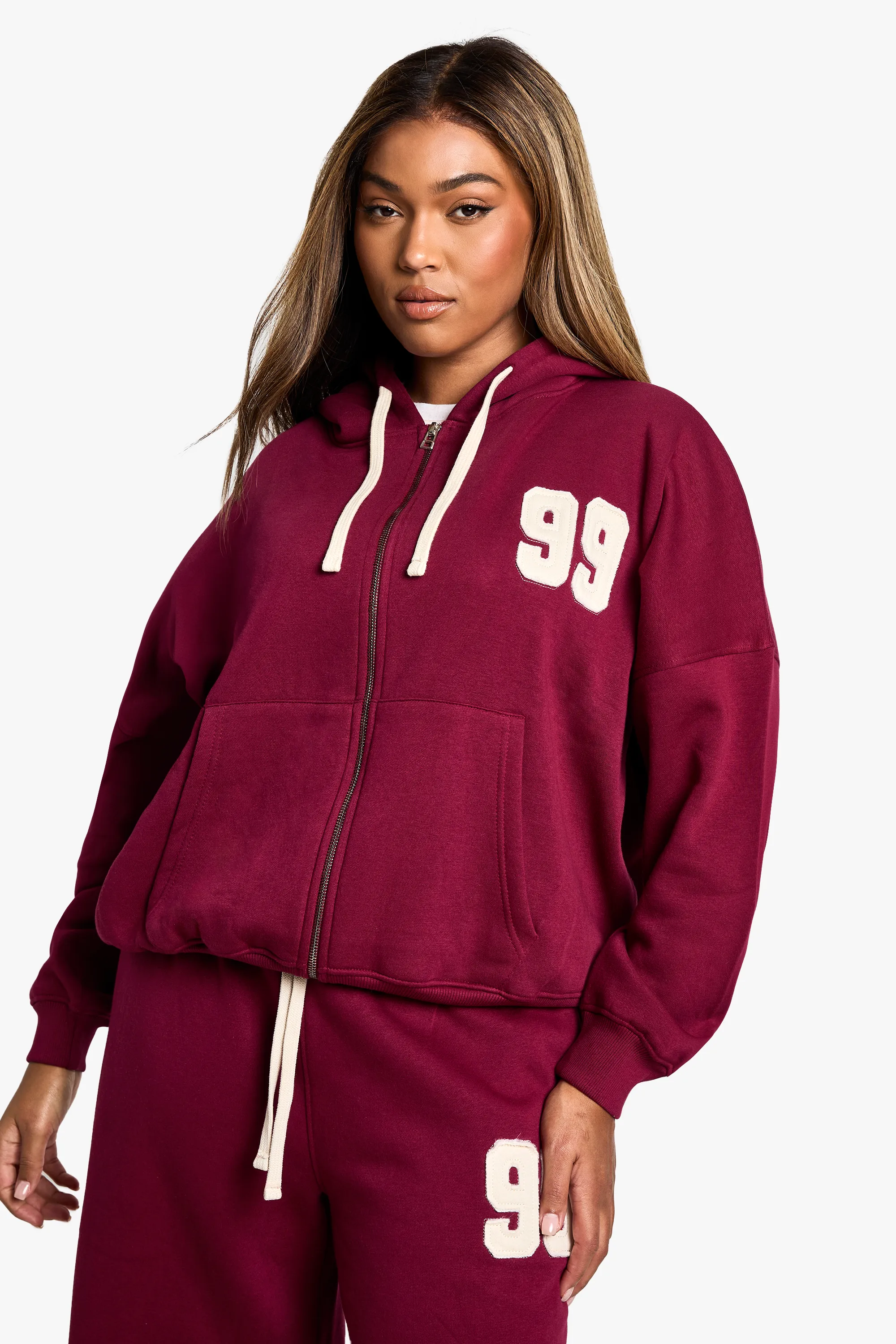 Plus Contrast Drawcord Applique Zip Through Hoodie