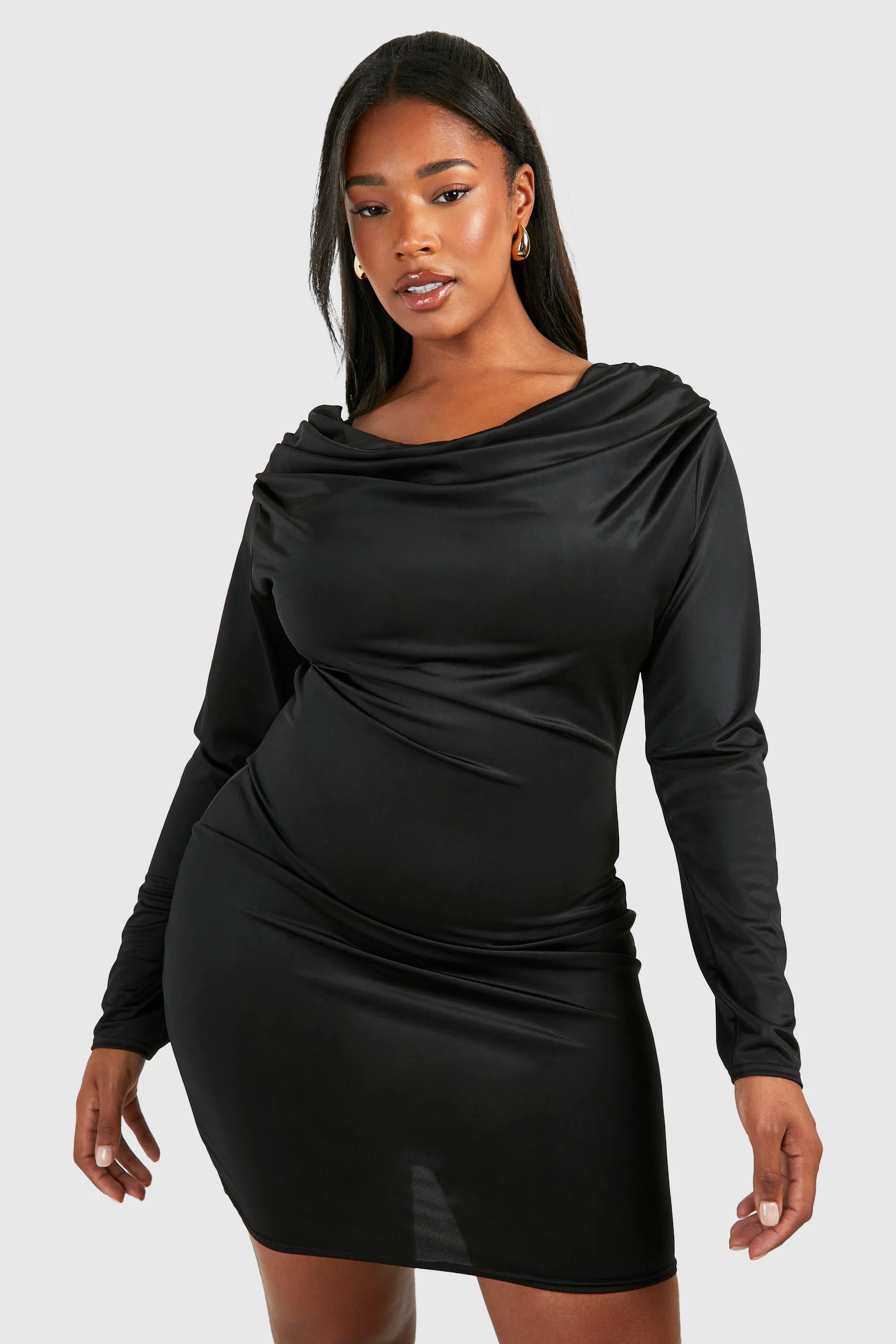Plus Cowl Neck Slinky Mini Dress