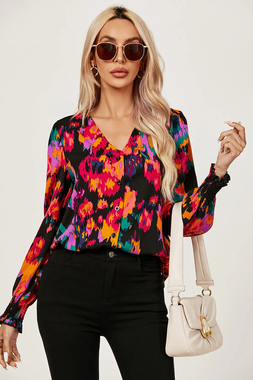 Button Through V Neck Long Sleeve Blouse Top 1 Button Through V Neck Long Sleeve Blouse Top