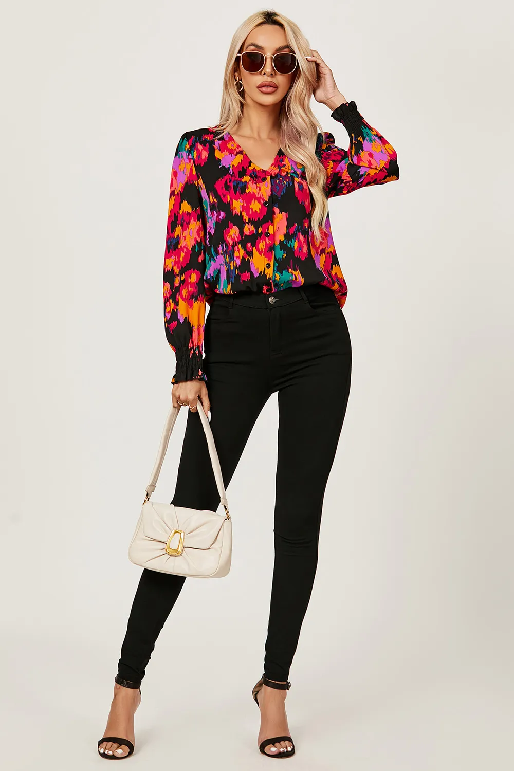 Button Through V Neck Long Sleeve Blouse Top 2 Button Through V Neck Long Sleeve Blouse Top