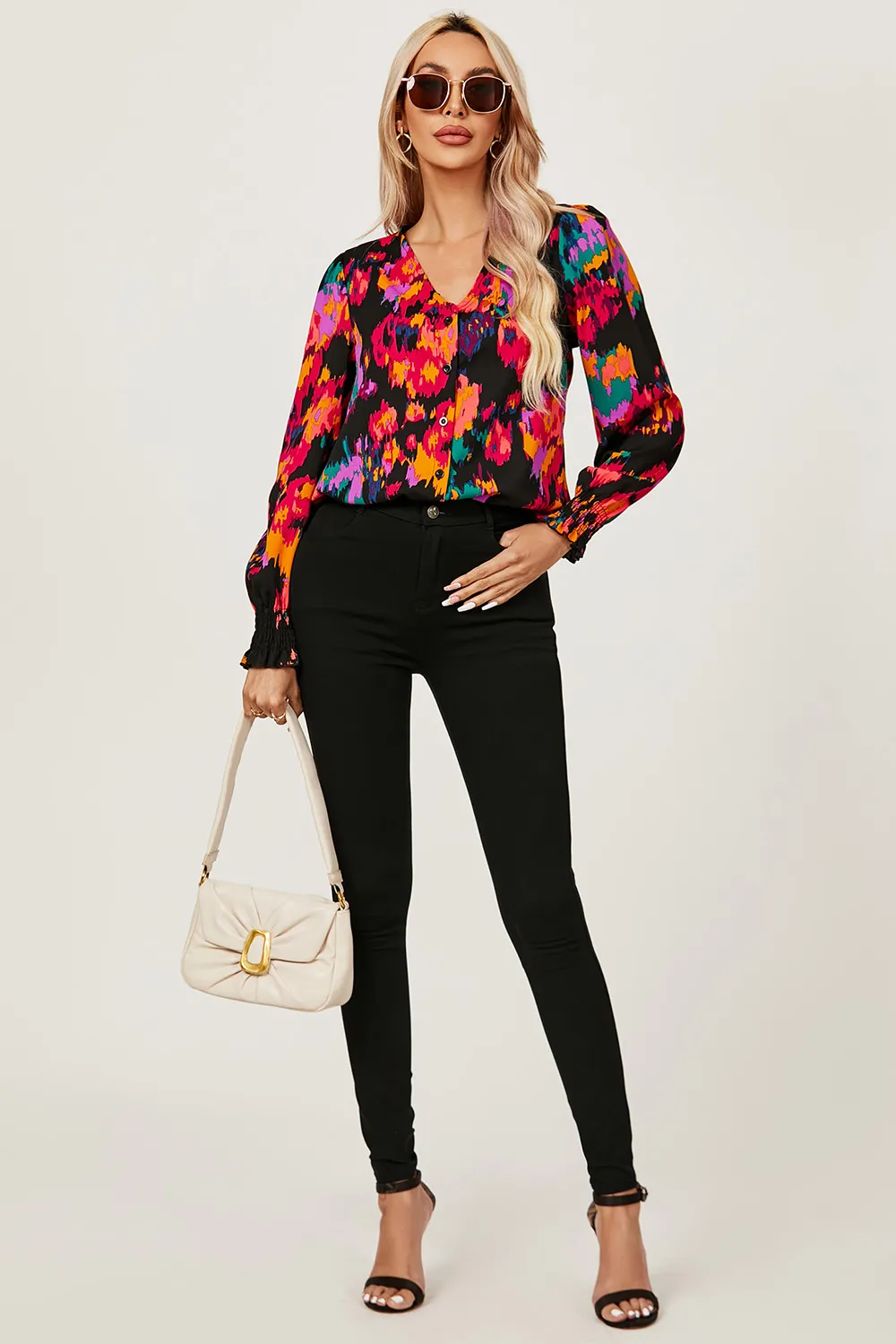 Button Through V Neck Long Sleeve Blouse Top 4 Button Through V Neck Long Sleeve Blouse Top