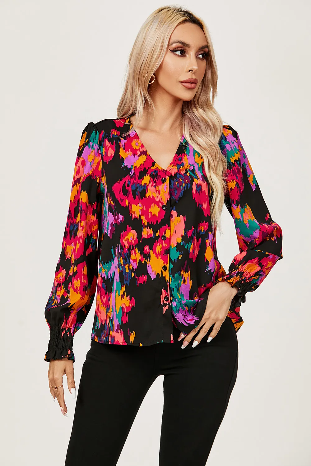 Button Through V Neck Long Sleeve Blouse Top 5 Button Through V Neck Long Sleeve Blouse Top