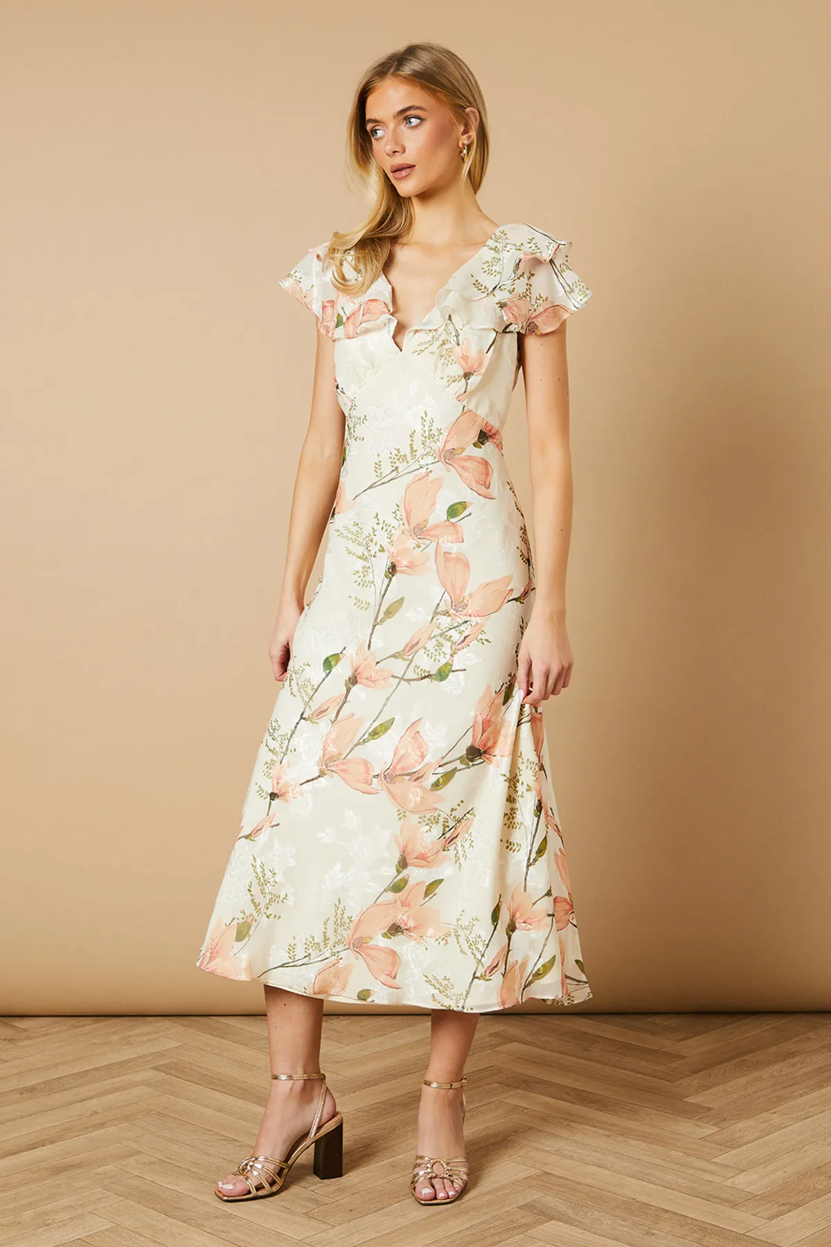 Floral Satin Burnout Ruffle Midi Dress