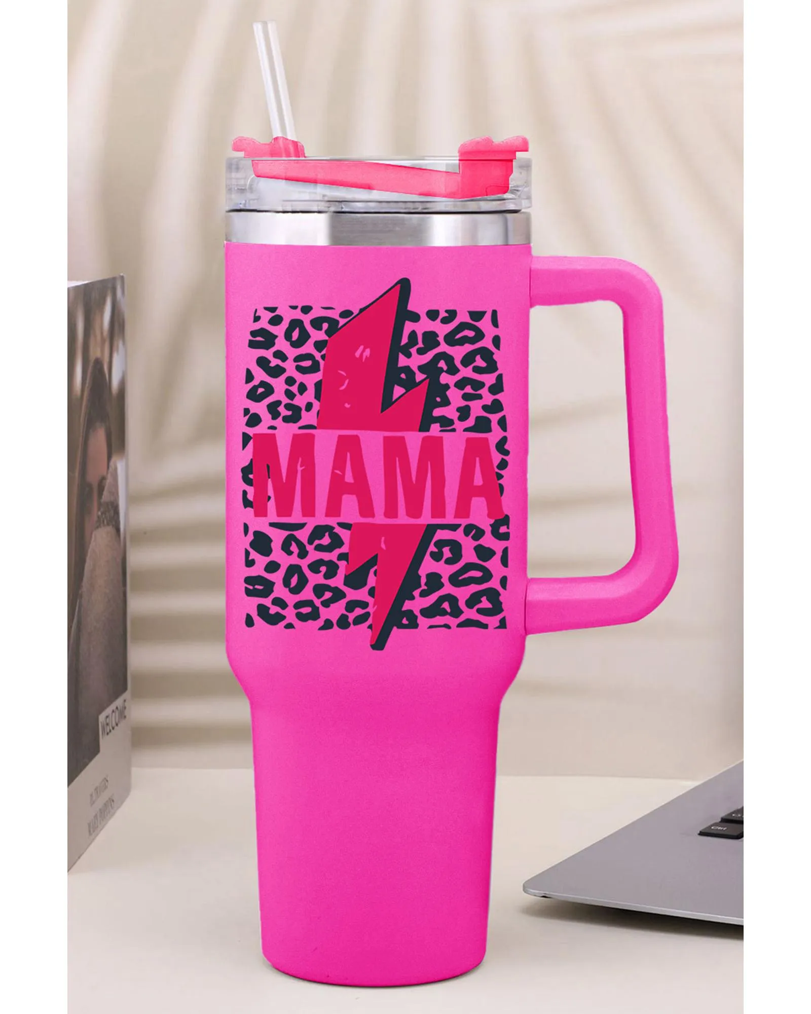 Rose Mama Lightning Leopard Print Straw Stainless Steel Insulate Cup 2 Rose Mama Lightning Leopard Print Straw Stainless Steel Insulate Cup