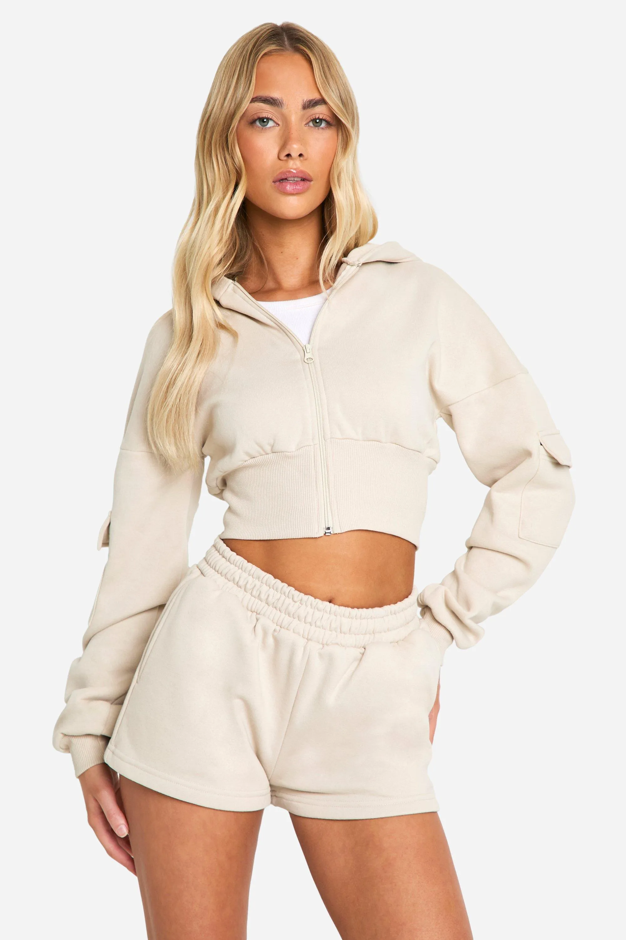 Cargo Pocket Zip Through Hooded Short Tracksuit 1 Cargo Pocket Zip Through Hooded Short Tracksuit