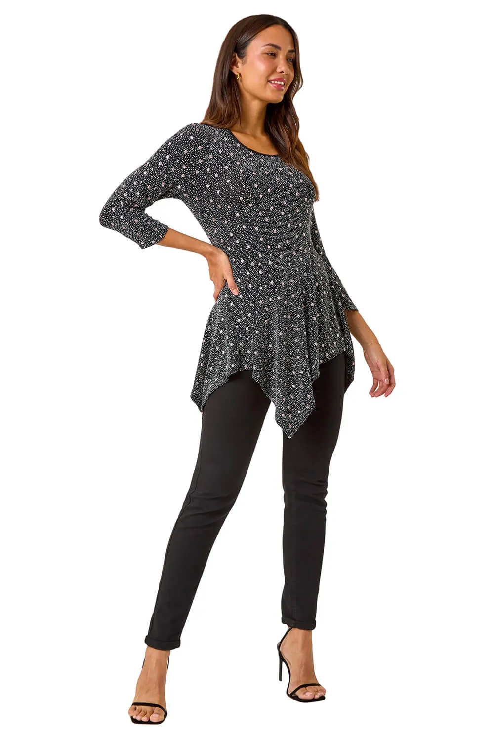 Glitter Spot Print Hanky Hem Stretch Top 2 Glitter Spot Print Hanky Hem Stretch Top