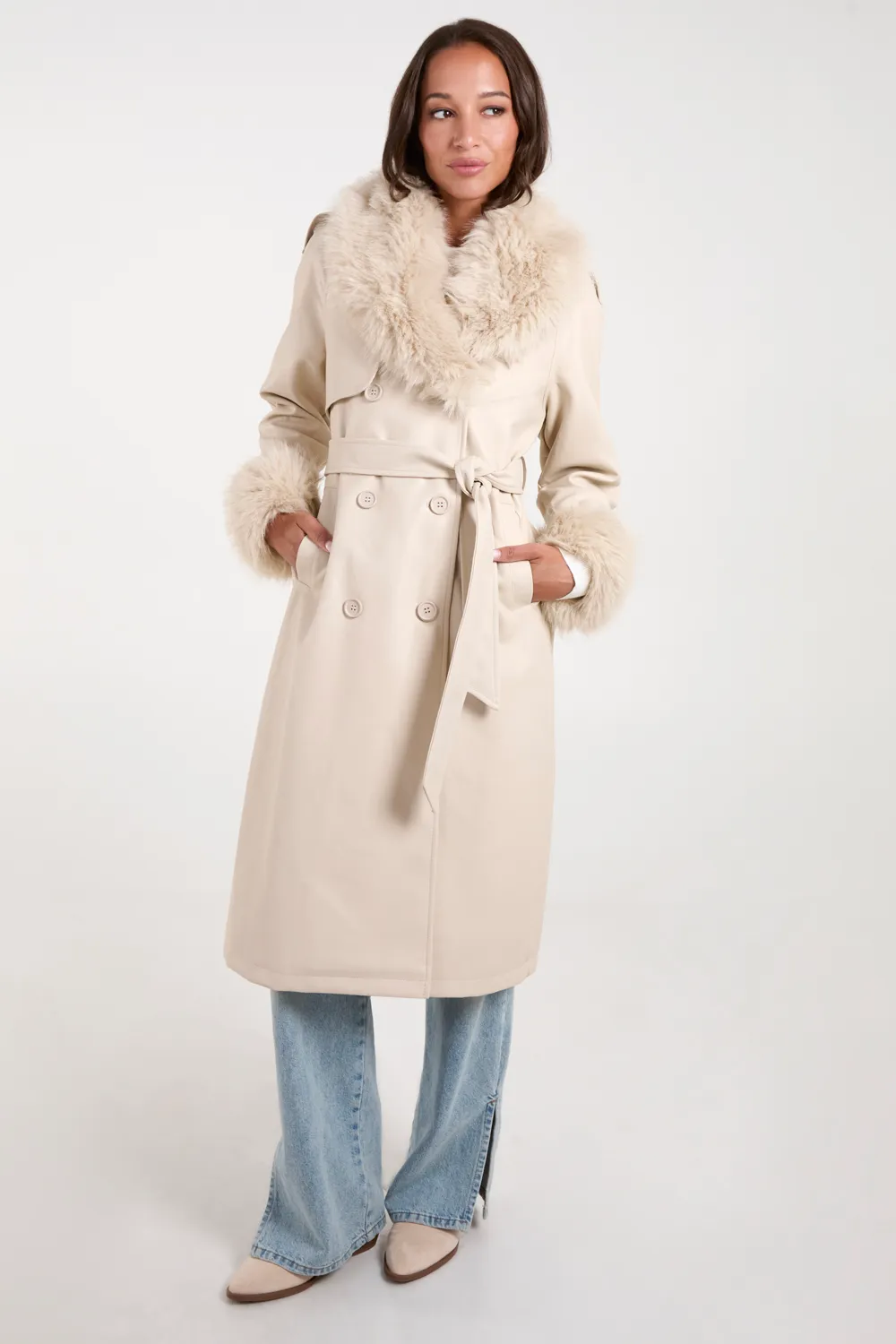 Faux Fur Trim Double Breasted PU Coat