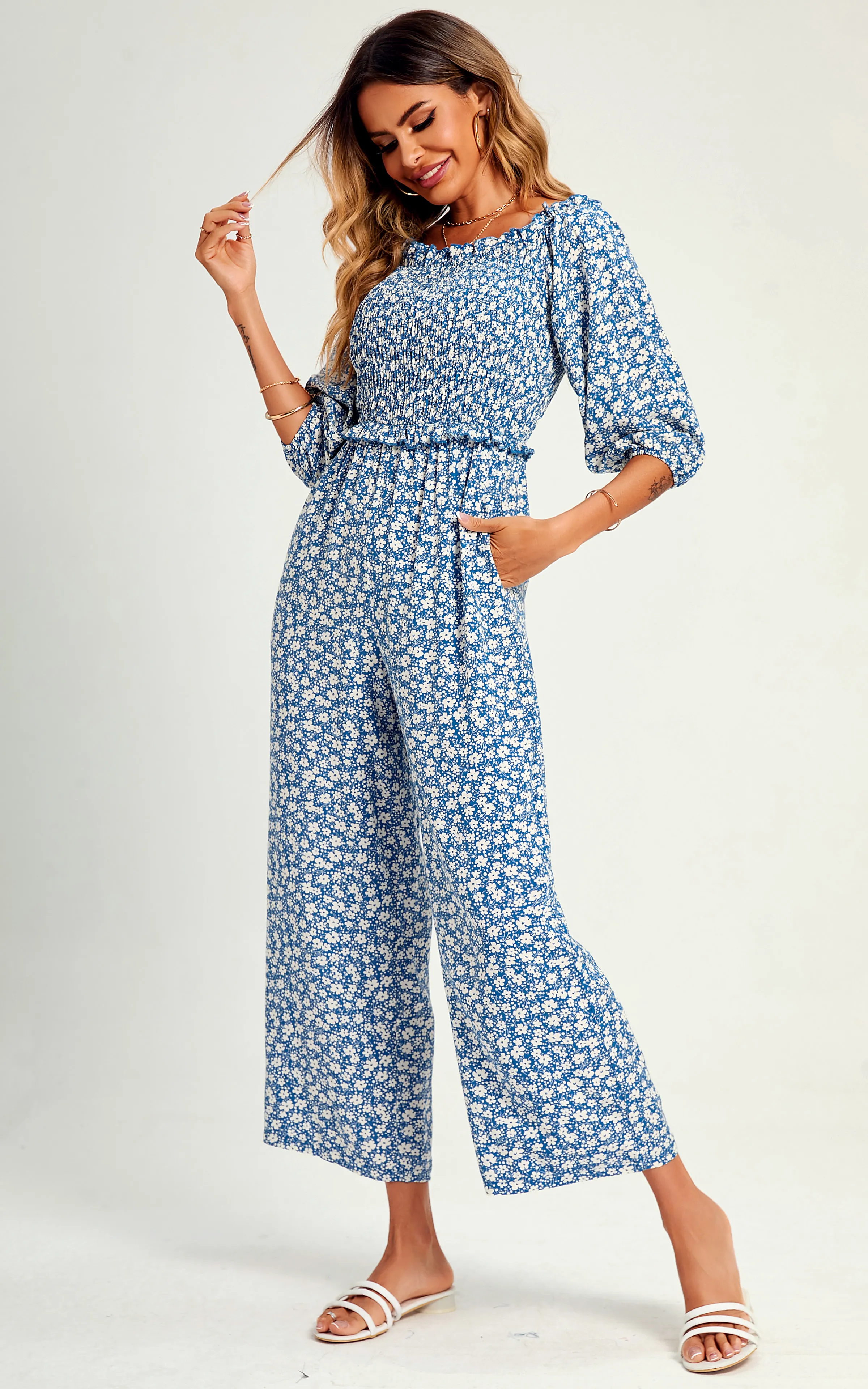 Floral Print Boho Bardot Jumpsuit In Blue 2 Floral Print Boho Bardot Jumpsuit In Blue