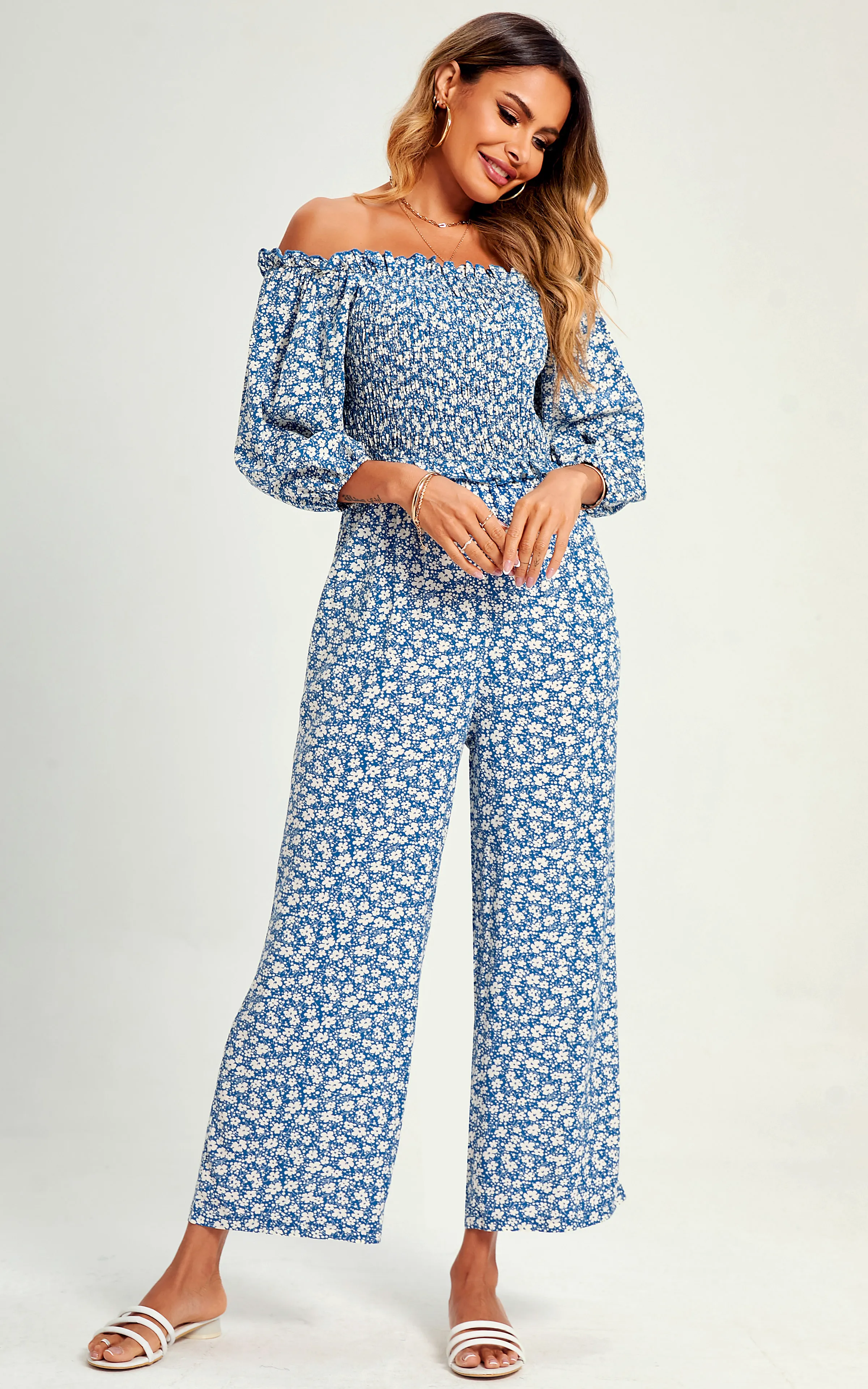 Floral Print Boho Bardot Jumpsuit In Blue 3 Floral Print Boho Bardot Jumpsuit In Blue