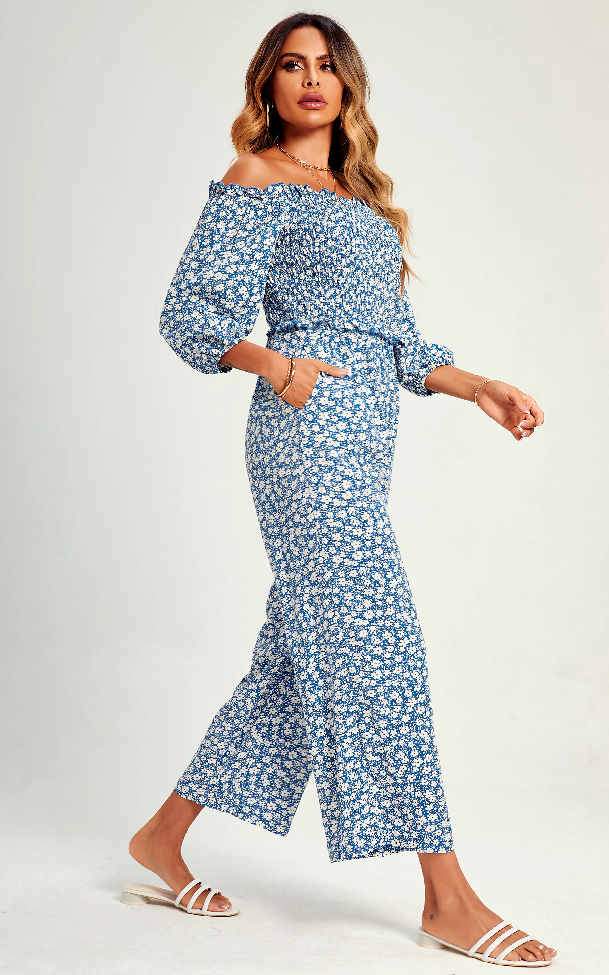 Floral Print Boho Bardot Jumpsuit In Blue 4 Floral Print Boho Bardot Jumpsuit In Blue