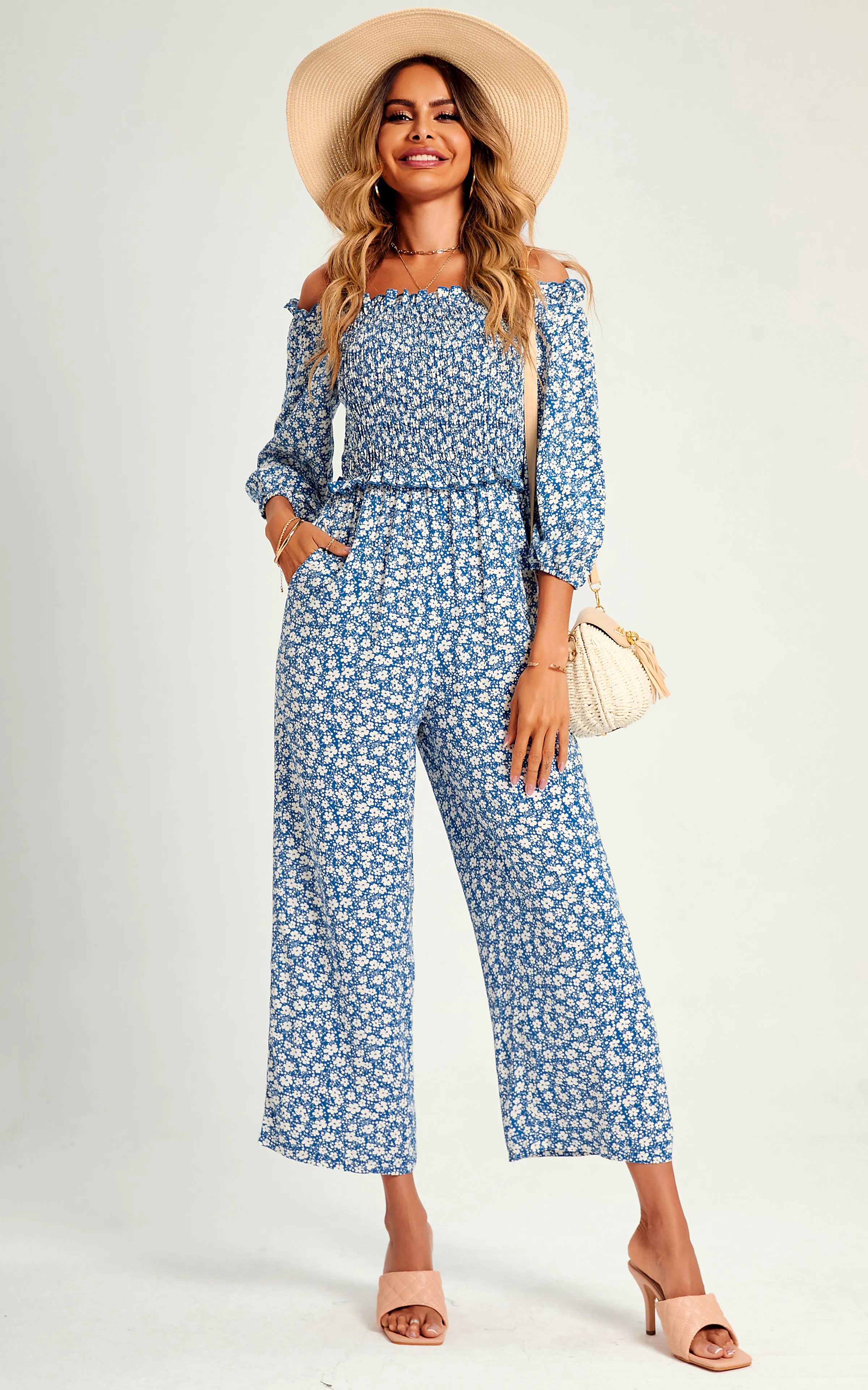Floral Print Boho Bardot Jumpsuit In Blue 5 Floral Print Boho Bardot Jumpsuit In Blue