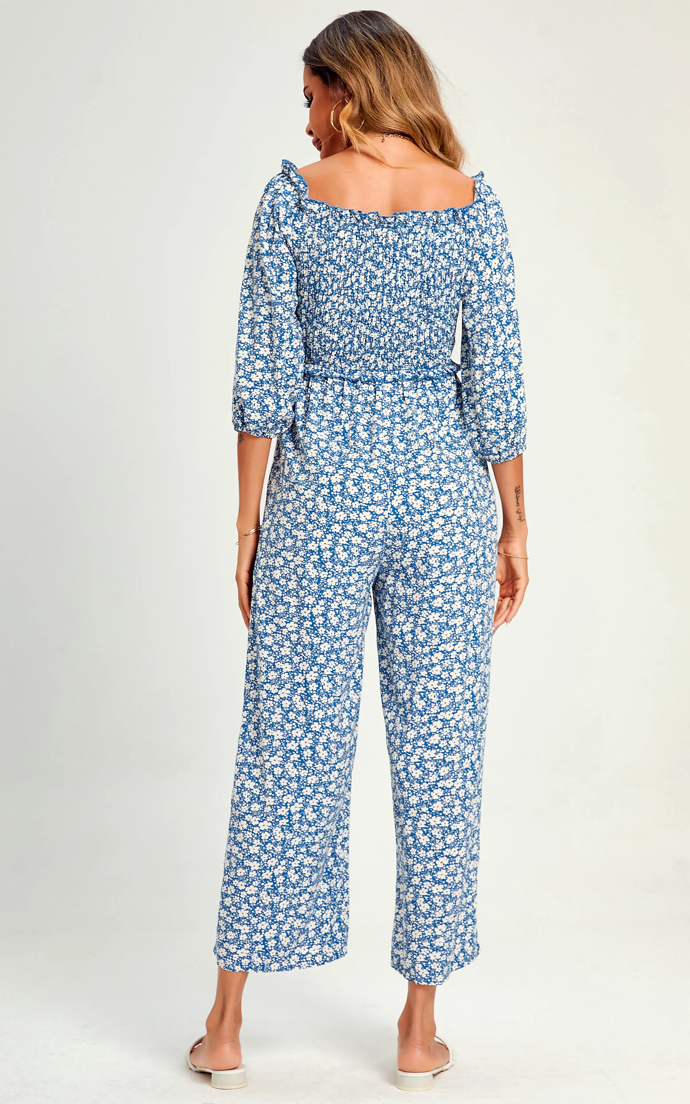 Floral Print Boho Bardot Jumpsuit In Blue 6 Floral Print Boho Bardot Jumpsuit In Blue