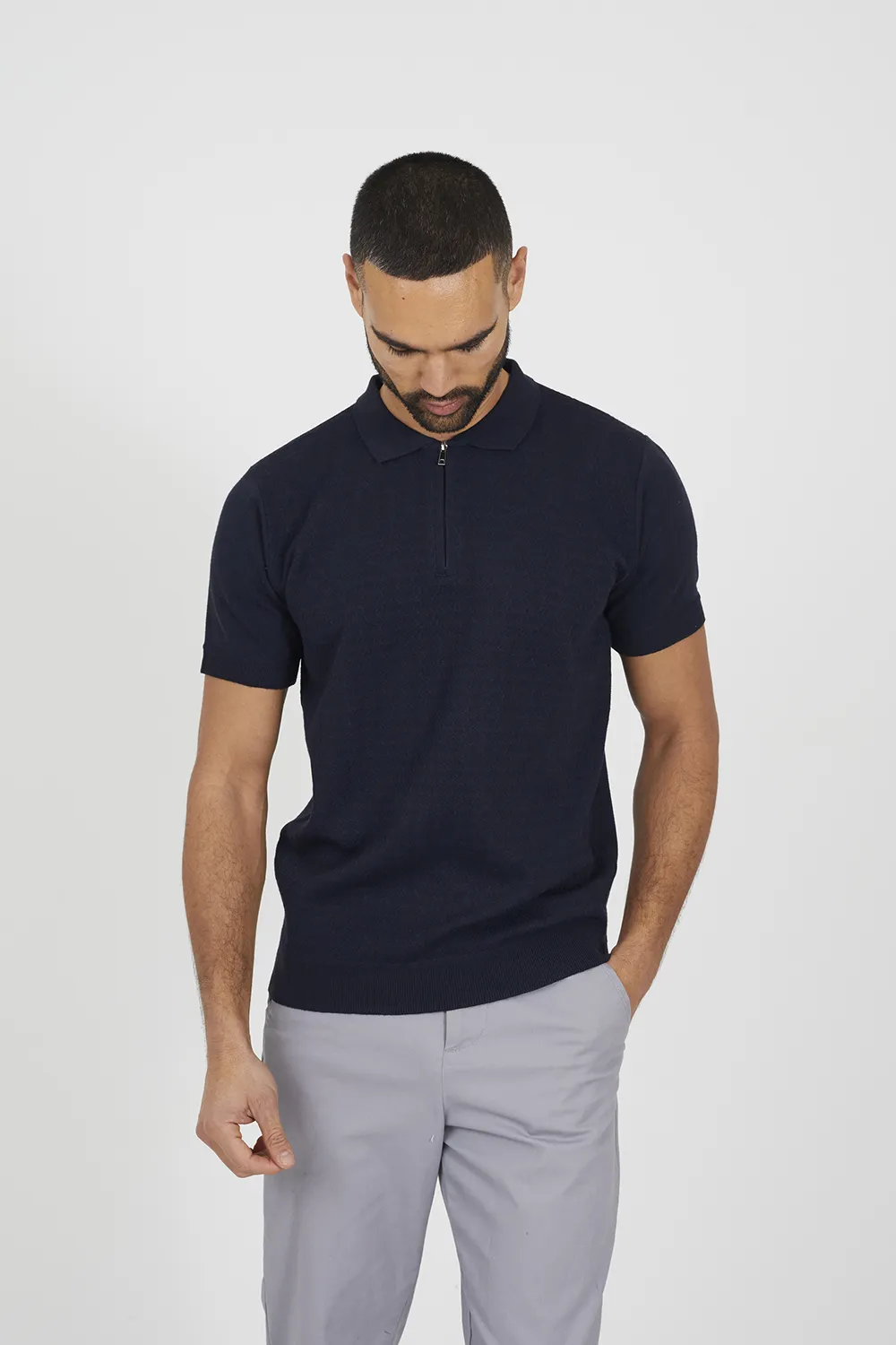 Textured Zip Neck Knitted Polo