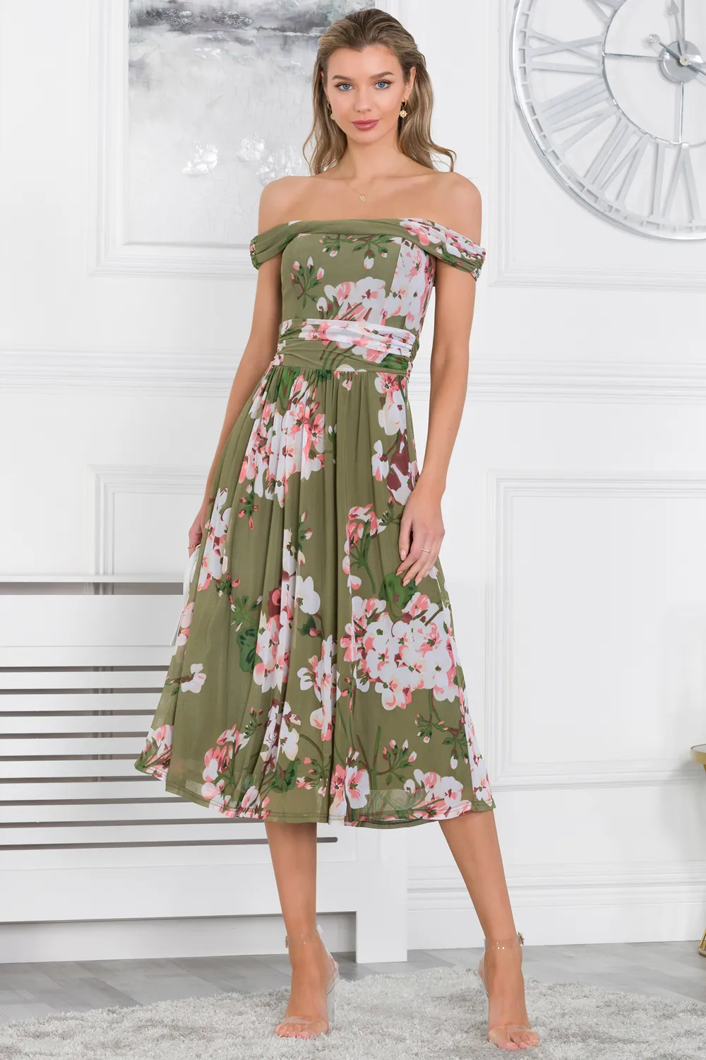 BARDOT NECK MESH MIDI DRESS 1 BARDOT NECK MESH MIDI DRESS