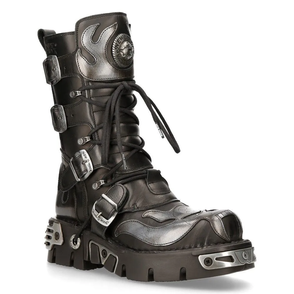 New Rock Flame Accented Leather Biker Boots- 107-S2