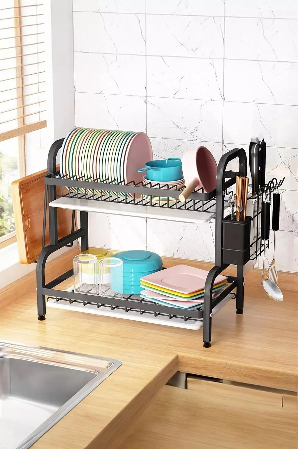 2-Tier Steel Dish Drainer Rack Drying Storage Rack Kitchenware Shelf with Kitchen Utensil Holder 2 2-Tier Steel Dish Drainer Rack Drying Storage Rack Kitchenware Shelf with Kitchen Utensil Holder