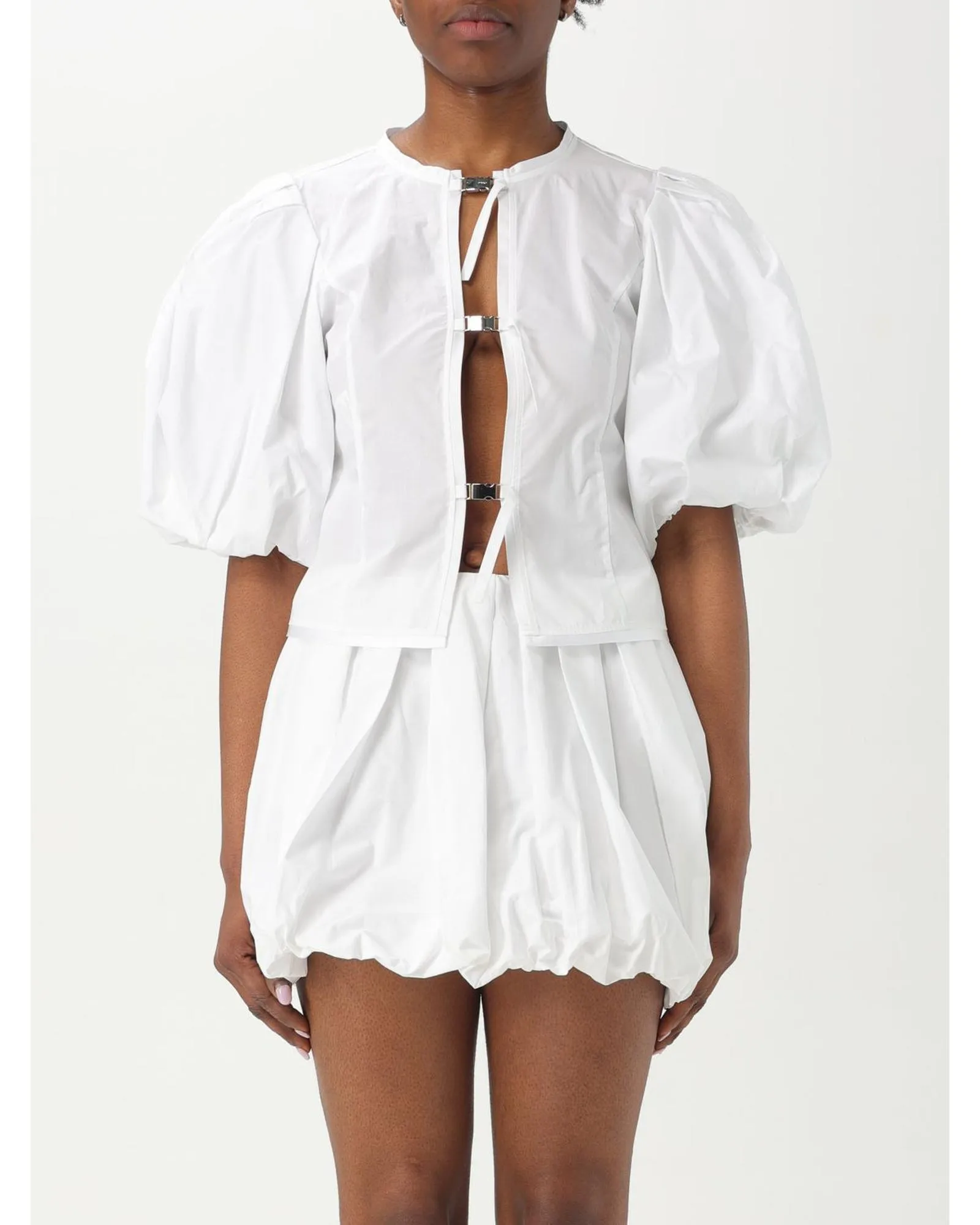 Puff Sleeve Keyhole Top Shorts Set Wo - White 1 Puff Sleeve Keyhole Top Shorts Set Wo - White