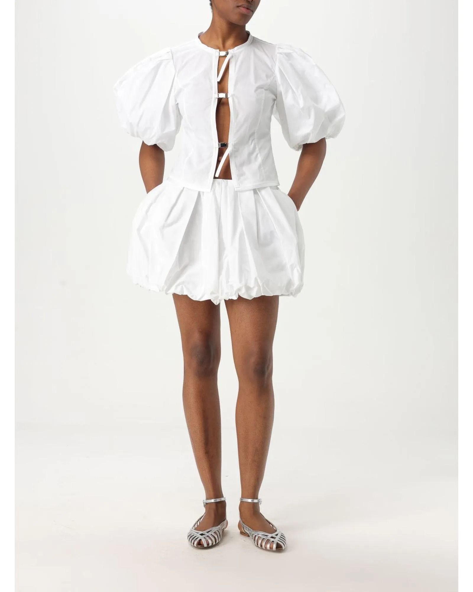 Puff Sleeve Keyhole Top Shorts Set Wo - White 2 Puff Sleeve Keyhole Top Shorts Set Wo - White
