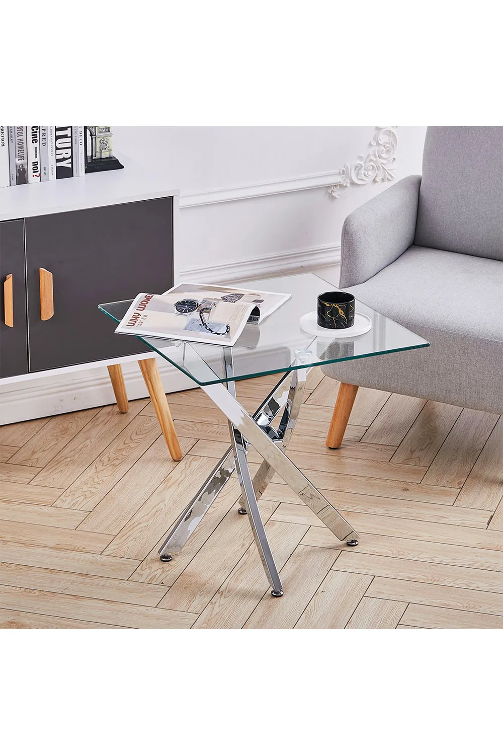 Modern Square Tempered Glass Top Coffee End Table with Chrome Cross Leg 2 Modern Square Tempered Glass Top Coffee End Table with Chrome Cross Leg